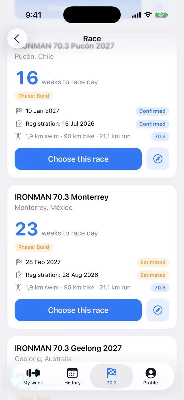 Race list with weeks to race day